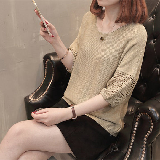 Damen luftiger Strickpullover mit eleganten Häkelärmel EB