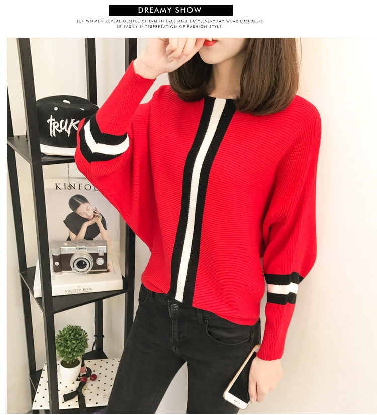 Damen sportlicher Strickpullover mit breiten Ärmeln und kreativen Streifen EB
