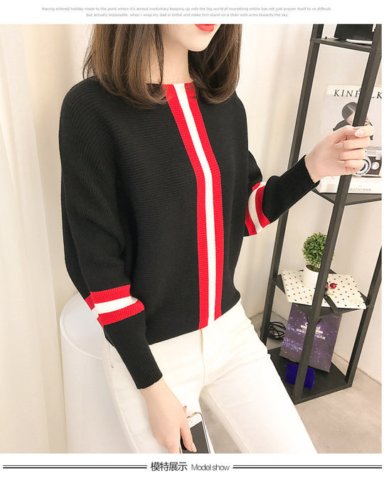 Damen sportlicher Strickpullover mit breiten Ärmeln und kreativen Streifen EB