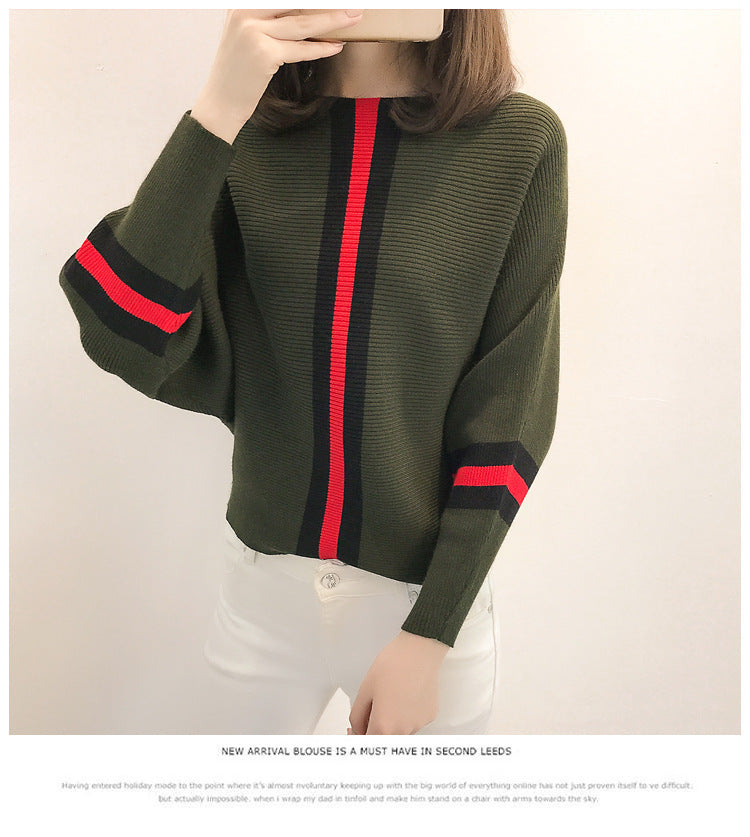 Damen sportlicher Strickpullover mit breiten Ärmeln und kreativen Streifen EB