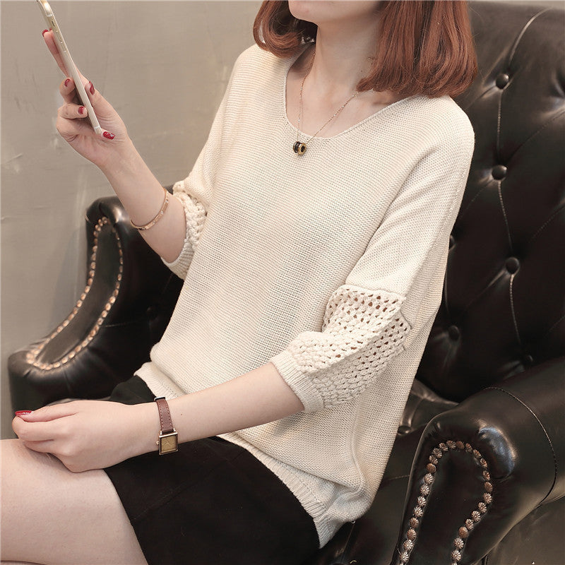 Damen lässiger Strickpullover mit luftigen Lochmustern und weichem Material EB
