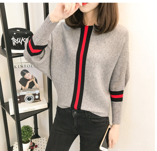 Damen sportlicher Strickpullover mit breiten Ärmeln und kreativen Streifen EB