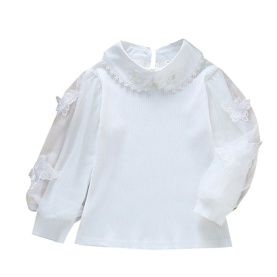 Damen festliche Bluse mit Tüllärmeln und besticktem Kragen EB