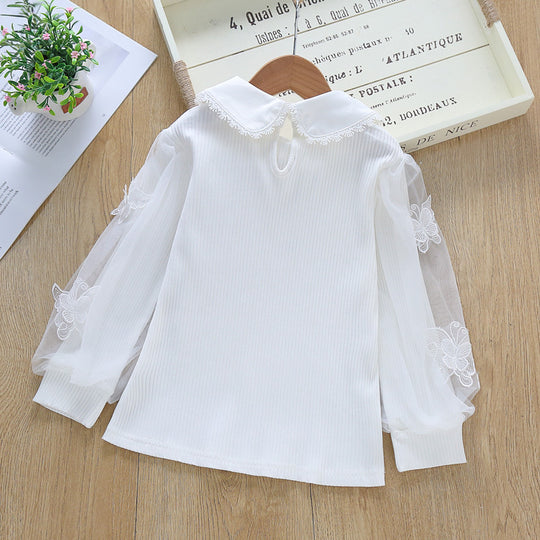 Damen festliche Bluse mit Tüllärmeln und besticktem Kragen EB