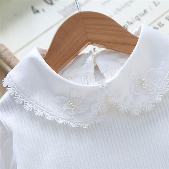 Damen festliche Bluse mit Tüllärmeln und besticktem Kragen EB