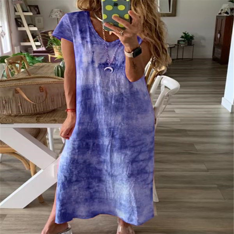 Damen Maxikleid mit kreativem Batikdesign und V-Ausschnitt EB