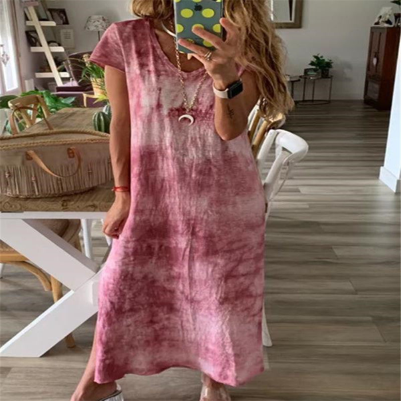 Damen Maxikleid mit kreativem Batikdesign und V-Ausschnitt EB