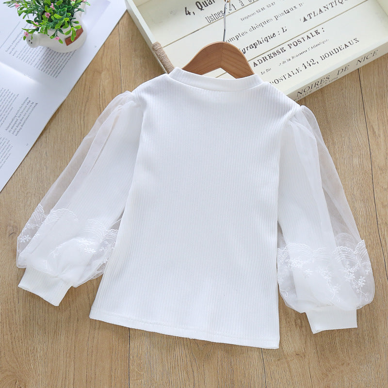 Damen Bluse mit transparenten Tüllärmeln und feinen Stickereien EB