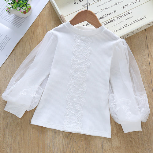 Damen Bluse mit transparenten Tüllärmeln und feinen Stickereien EB