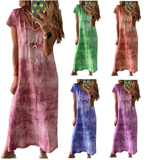 Damen Maxikleid mit kreativem Batikdesign und V-Ausschnitt EB