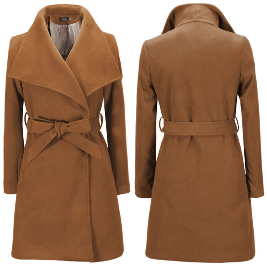 Damen eleganter Wickelmantel mit großem Kragen und Gürteldetail EB