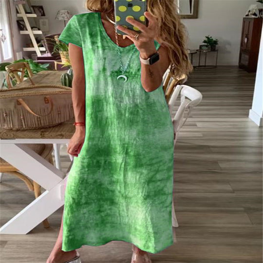 Damen Maxikleid mit kreativem Batikdesign und V-Ausschnitt EB