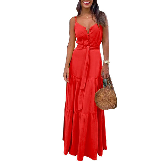 Damen Maxi-Kleid mit knöpfbarer Front und fließendem Rock EB