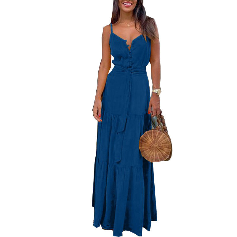 Damen Maxi-Kleid mit knöpfbarer Front und fließendem Rock EB