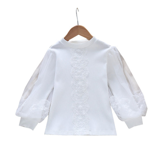 Damen Bluse mit transparenten Tüllärmeln und feinen Stickereien EB