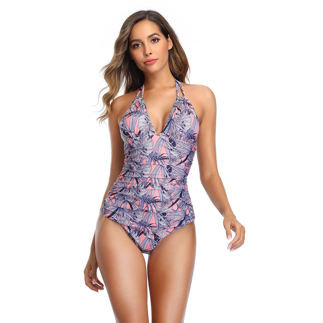Damen Einteiler Badeanzug mit floralem Muster und tiefem V-Ausschnitt EB
