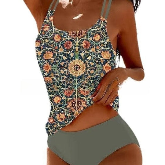 EB | Retro Hochgeschnittenes Bikini mit Stranddruck