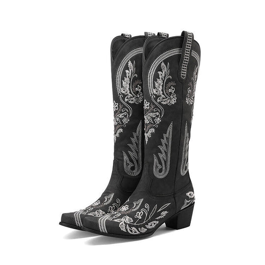 EB | Bestickte Western Denim Retro Damen Knielange Stiefel