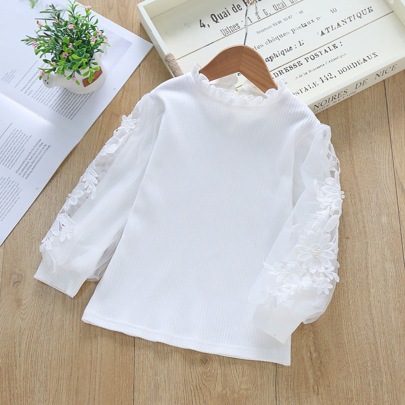 Mädchen elegante Bluse mit dekorativen Spitze-Ärmeln EB