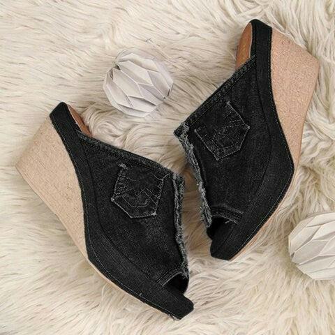 Damen Wedge-Pantoletten mit angesagtem Jeansmaterial EB
