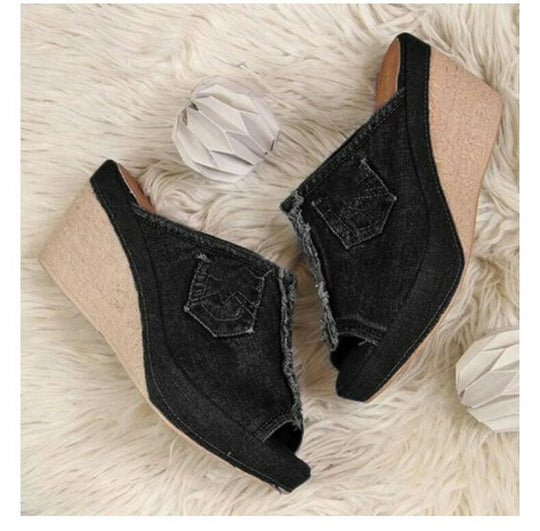 Damen Wedge-Pantoletten mit angesagtem Jeansmaterial EB