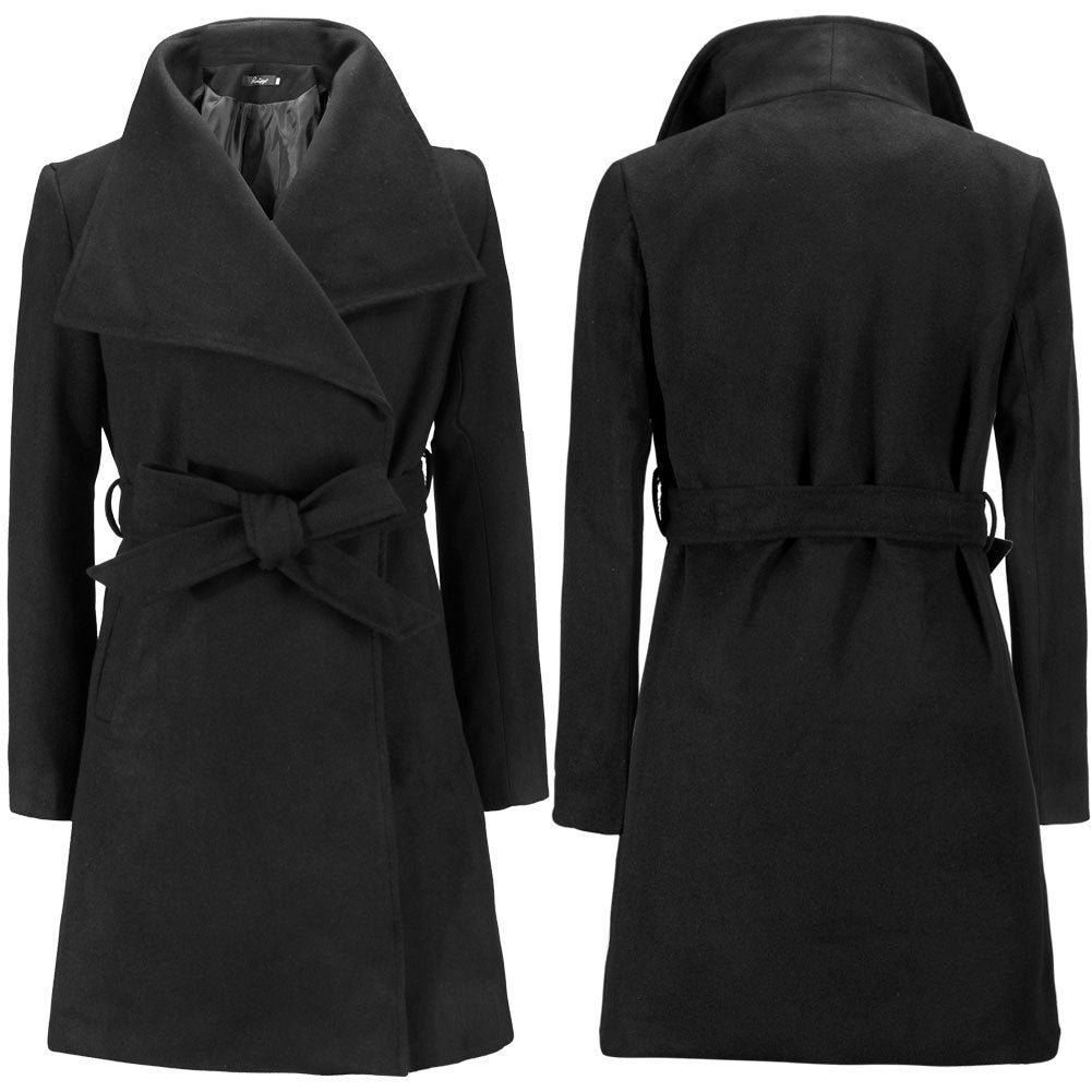Damen eleganter Wickelmantel mit großem Kragen und Gürteldetail EB