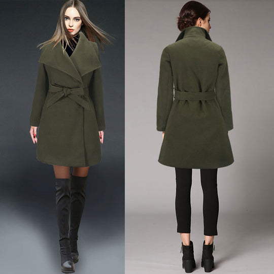 Damen eleganter Wickelmantel mit großem Kragen und Gürteldetail EB