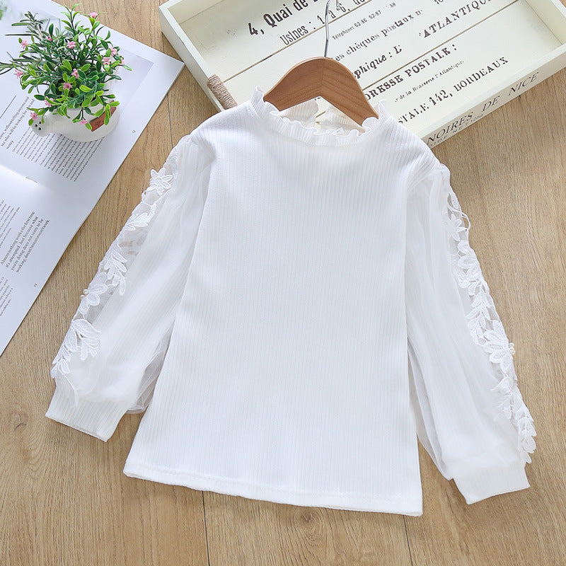 Mädchen elegante Bluse mit dekorativen Spitze-Ärmeln EB