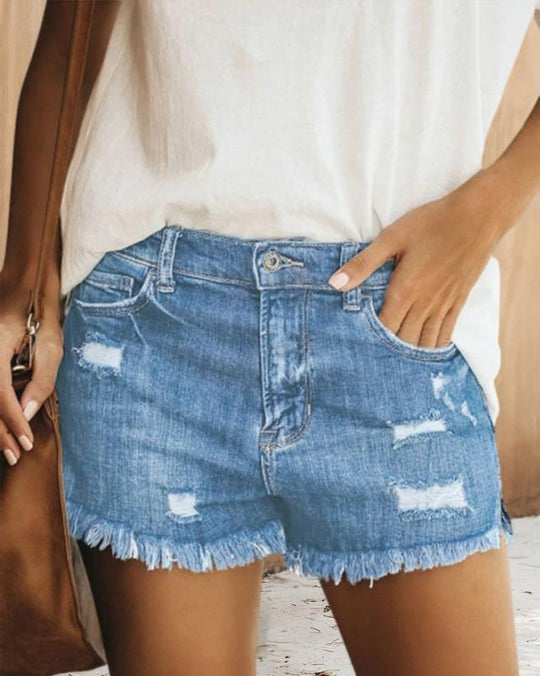 Damen Destroyed Denim-Shorts mit fransigem Saum und lässigem Schnitt EB