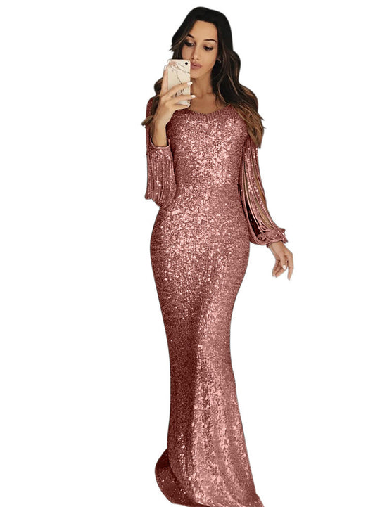 Damen elegantes Pailletten Abendkleid mit schmeichelndem Schnitt und langen Ärmeln EB