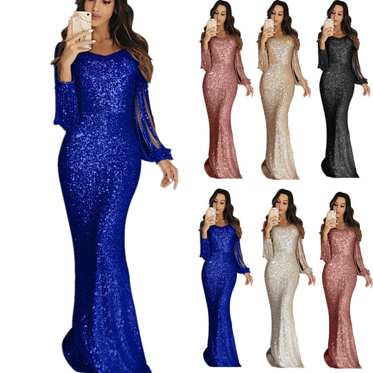 Damen elegantes Pailletten Abendkleid mit schmeichelndem Schnitt und langen Ärmeln EB