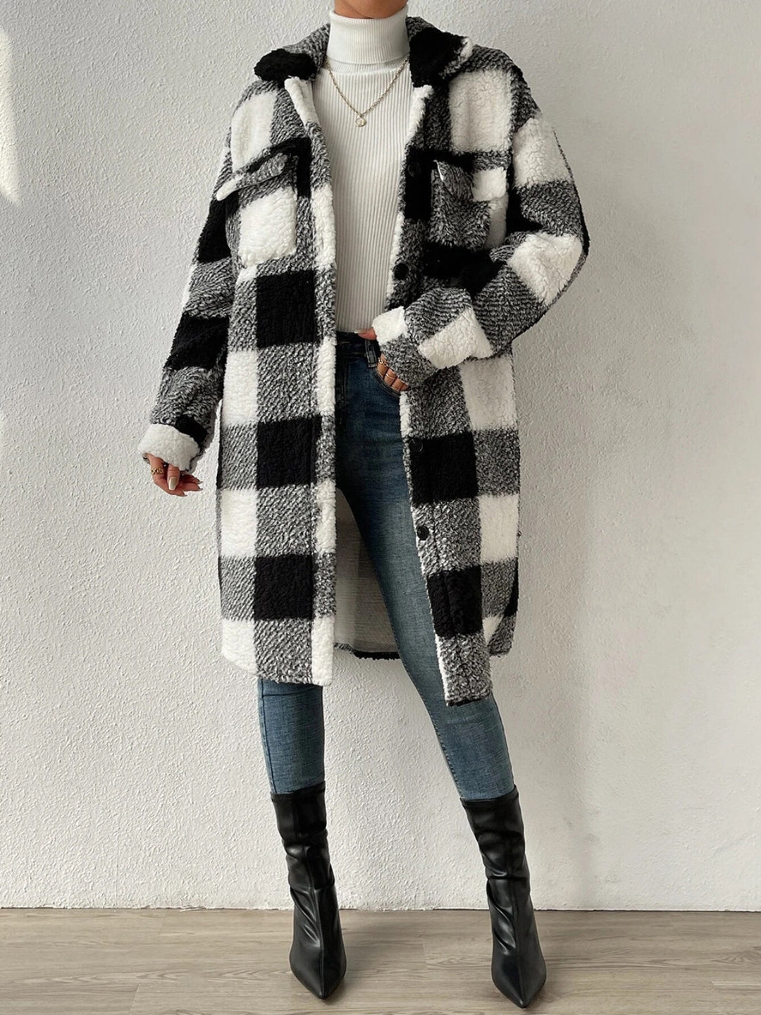 EB | kariert Jacke mit plüschigem Kragen und Knöpfen
