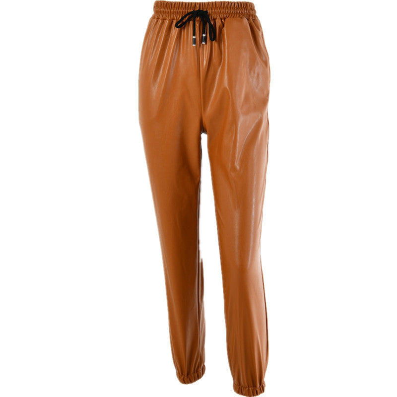 Damen Kunstleder Jogginghose mit elastischem Bund und seitlichen Taschen EB