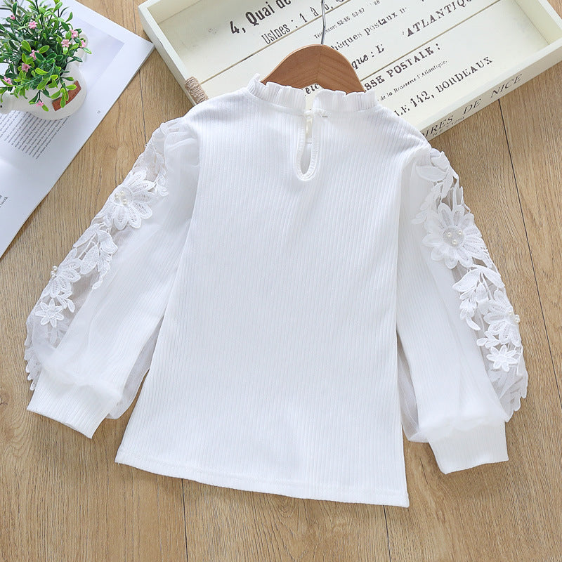 Mädchen elegante Bluse mit dekorativen Spitze-Ärmeln EB