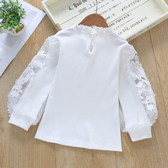 Mädchen elegante Bluse mit dekorativen Spitze-Ärmeln EB