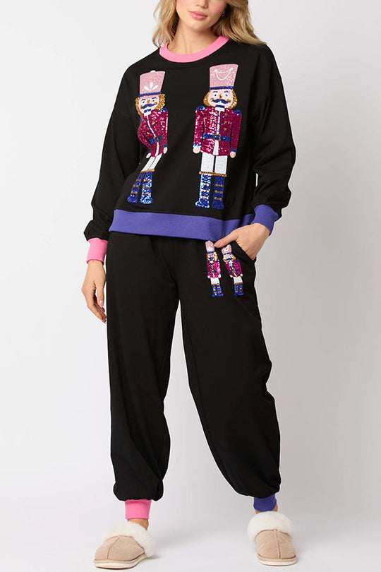 EB | Weihnachtsmann Pailletten Freizeit Sweatshirt und elastische Taillen lockere Taschenhose Set