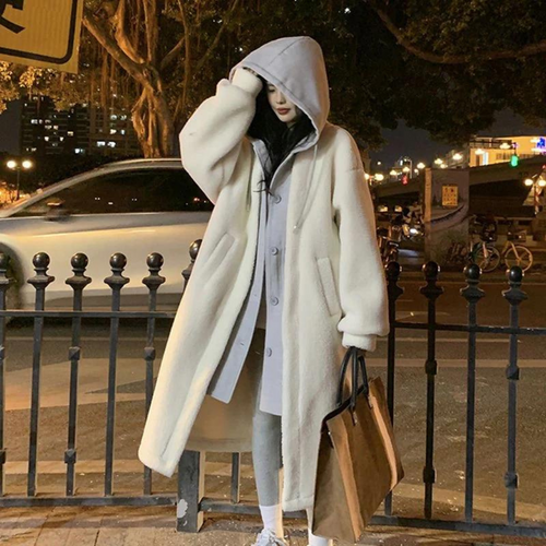 EB | Winter Lange Kapuzen Oversize Jacke Knopf Leiste