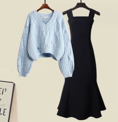 EB | Zweiteiliges Satz Aus Hochwertigem Kreuzstrickpullover und Fishtail Kleid