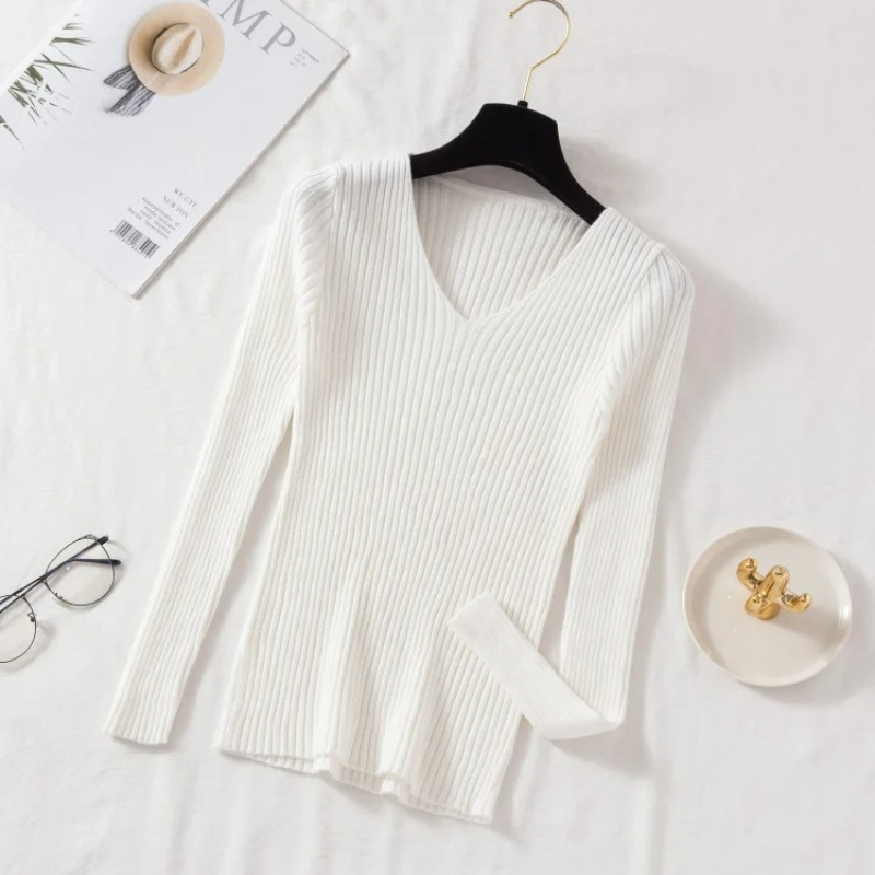 EB | Pullover - Slim-Fit Rippstrick V-Ausschnitt Pullover