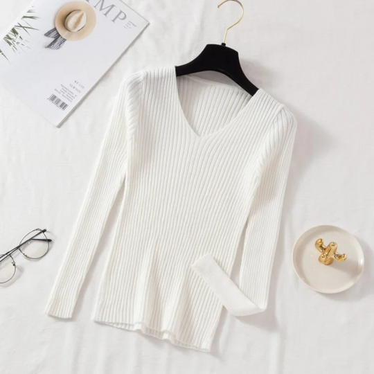EB | Pullover - Slim-Fit Rippstrick V-Ausschnitt Pullover