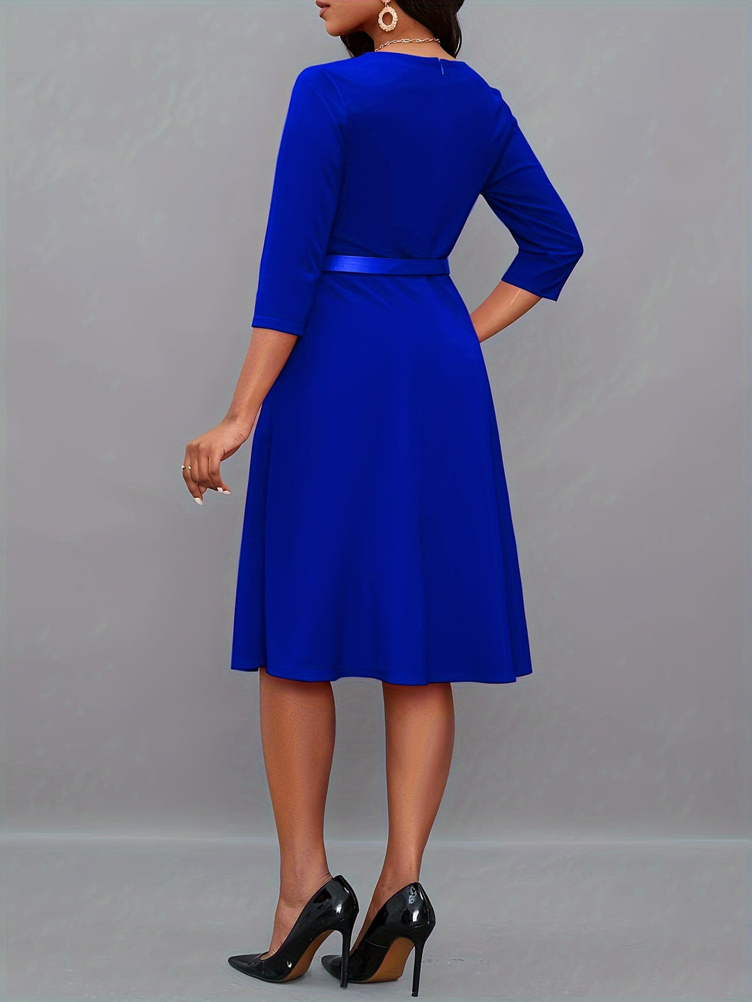 EB | Einfarbige Asymmetrische Halsgürtel 3/4 Ärmel Festliches Kleid Für Frauen - Ideal Für Alle Jahreszeiten
