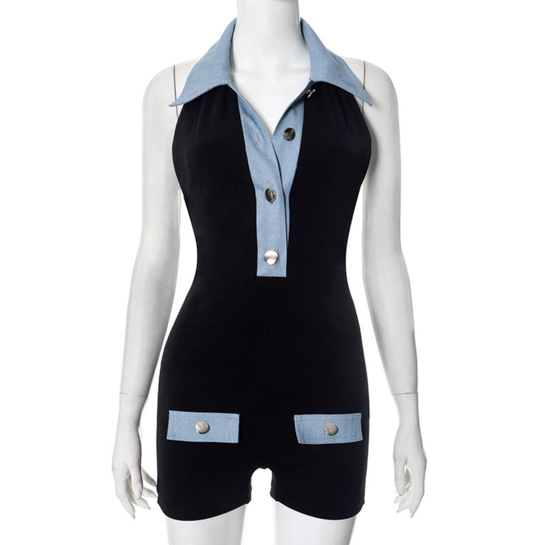 EB | Polokragen Denim kontrastierenden Jumpsuit Shorts