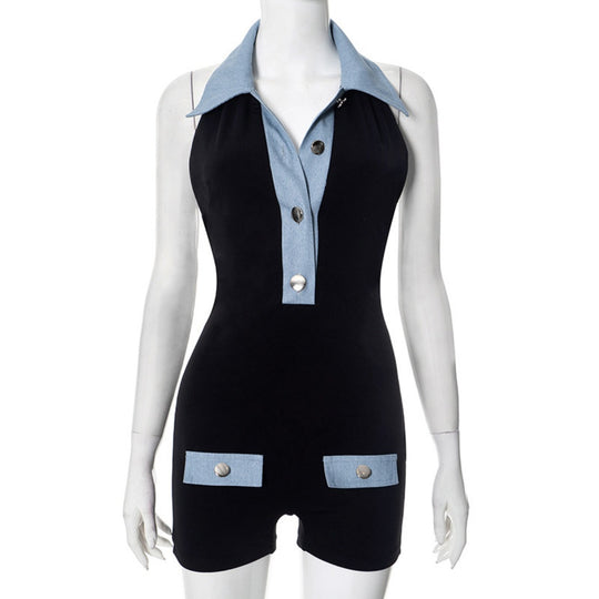 EB | Polokragen Denim kontrastierenden Jumpsuit Shorts