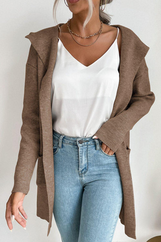 EB | geripptes offen-front Cardigan mit Kapuze und Taschen