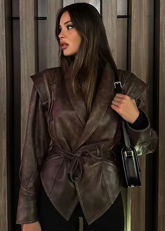 EB | Leder Wickeljacke mit Gürtel