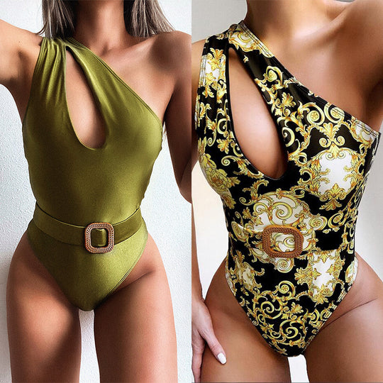 Damen asymmetrischer Einteiler Badeanzug mit schickem Gürtel EB