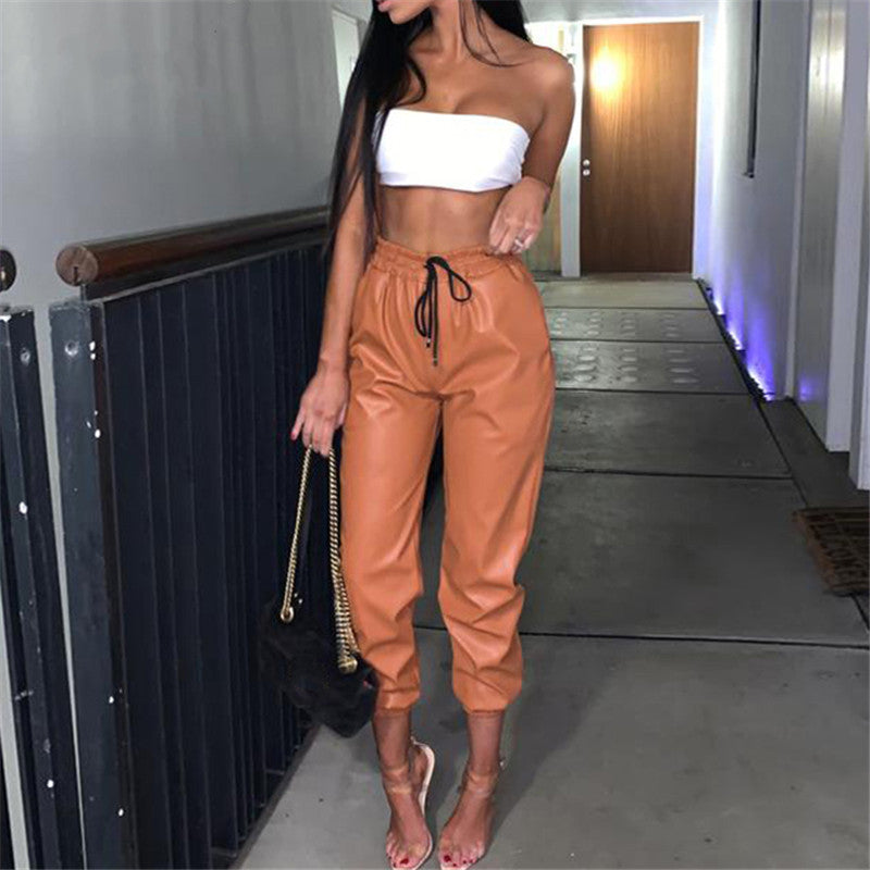 Damen Kunstleder Jogginghose mit elastischem Bund und seitlichen Taschen EB
