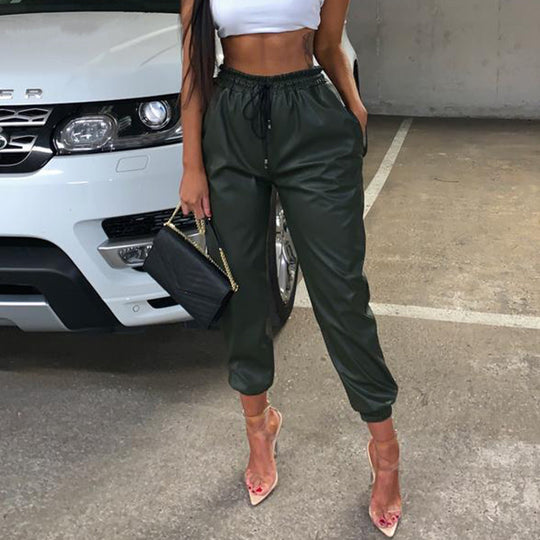 Damen Kunstleder Jogginghose mit elastischem Bund und seitlichen Taschen EB