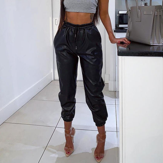 Damen Kunstleder Jogginghose mit elastischem Bund und seitlichen Taschen EB