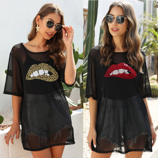 Damen stylisches Strandoberteil mit glitzerndem Lippenmotiv EB